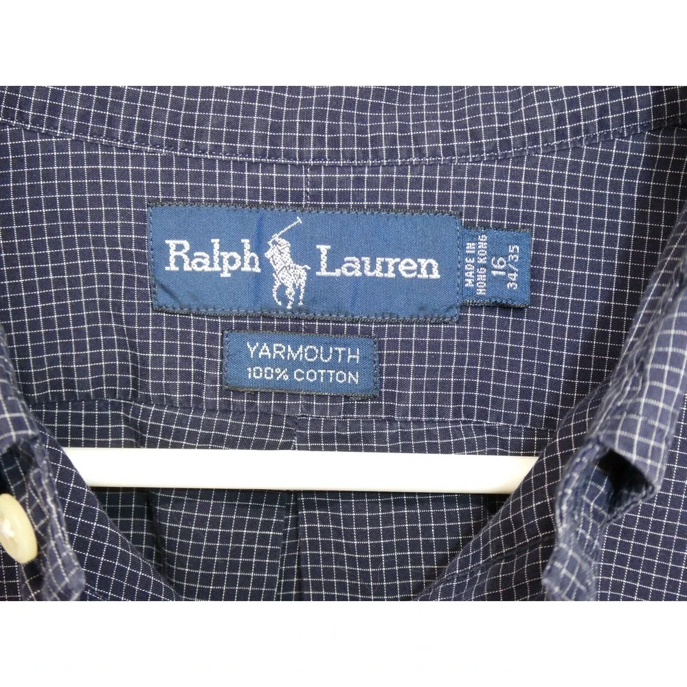 Ralph Lauren‎ Yarmouth Shirt Size 16 34/35 Navy Blue Check Long Sleeve Pony